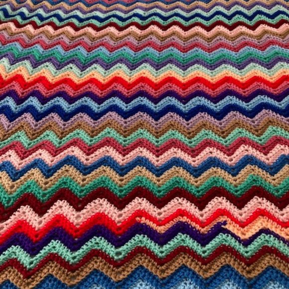 Handmade crochet Afghan/Blanket Zig Zag Multi-Colored Pattern. 60x60 - Picture 4 of 4
